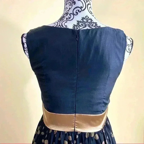 Anthropologie Retro Black Gold Polka Dot Fit & Flare Mini Flower Dress Size S - Picture 8 of 13